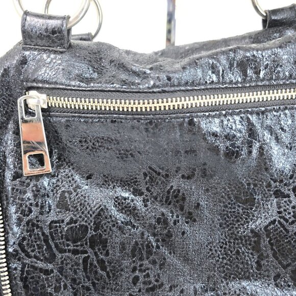 Express Black Cracked Leather Hobo Bag Shoulder Purse Shiny Large Satchel - Picture 7 of 12